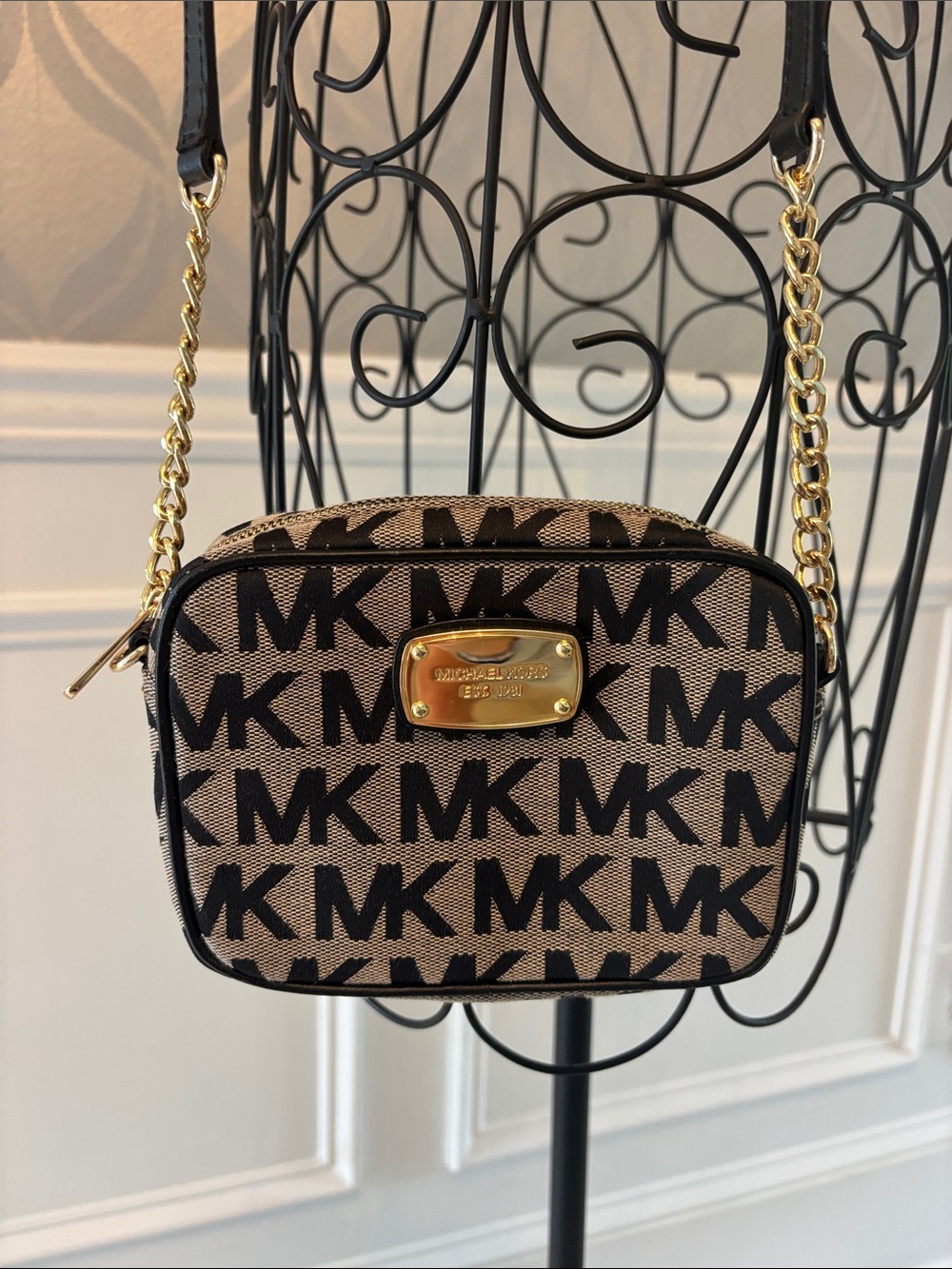 Michael Kors Black MK Logo Crossbody Bag with Gold Hardware